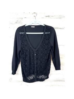 Neiman Marcus Womens L Black Lace Front Button Up Lightweight Knit Cardigan